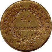 France 40 Francs Napoleon I 1808 H KM# 688.2 RÉPUBLIQUE FRANÇAISE. 40 FRANCS. H 1808. coin reverse France 40 Francs Napoleon I 1808 H KM# 688.2 RÉPUBLIQUE FRANÇAISE. 40 FRANCS. H 1808. coin reverse
