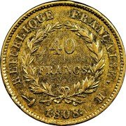 France 40 Francs Napoleon I 1808 M KM# 688.3 40 FRANCS EMPIRE FRANÇAISE 1808 M coin reverse