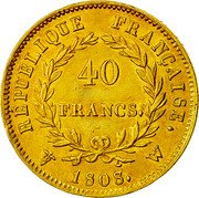 France 40 Francs Napoleon I 1808 W KM# 688.5 40 FRANCS EMPIRE FRANÇAISE 1808 W coin reverse