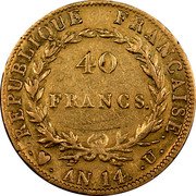 France 40 Francs Napoleon I AN14 U KM# 664.2 40 FRANCS REPUBLIQUE FRANÇAISE AN 14 U coin reverse France 40 Francs Napoleon I AN14 U KM# 664.2 40 FRANCS REPUBLIQUE FRANÇAISE AN 14 U coin reverse