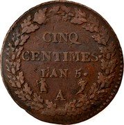 France 5 Centimes Napoleon I LAN 5 (1796-97) A KM# 640.1 CINQ CENTIMES L'AN 5 A coin reverse France 5 Centimes Napoleon I LAN 5 (1796-97) A KM# 640.1 CINQ CENTIMES L'AN 5 A coin reverse