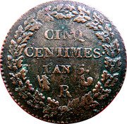 France 5 Centimes Liberty LAN 5 (1796-97) R KM# 640.9 CINQ CENTIMES L'AN 5. R coin reverse