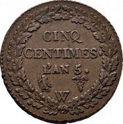 France 5 Centimes Napoleon I LAN 5 (1796-97) W KM# 640.11 CINQ CENTIMES. L'AN 7 W coin reverse France 5 Centimes Napoleon I LAN 5 (1796-97) W KM# 640.11 CINQ CENTIMES. L'AN 7 W coin reverse