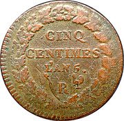 France 5 Centimes Liberty LAN 5 (1797-97) R Requires Confirmation KM# 642.7 CINQ CENTIMES L'AN 5 R coin reverse France 5 Centimes Liberty LAN 5 (1797-97) R Requires Confirmation KM# 642.7 CINQ CENTIMES L'AN 5 R coin reverse