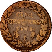 France 5 Centimes Napoleon I LAN 8 (1799-1800) I KM# 640.7 CINQ CENTIMES L'AN 8 I coin reverse France 5 Centimes Napoleon I LAN 8 (1799-1800) I KM# 640.7 CINQ CENTIMES L'AN 8 I coin reverse
