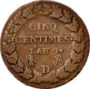 France 5 Centimes Napoleon I LAN 9 (1800-01) D KM# 640.5 CINQ CENTIMES L'AN 8 D coin reverse