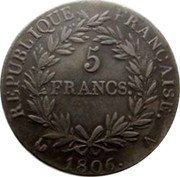 France 5 Francs Napoleon I 1806 A KM# 673.1 REPUBLIQUE FRANÇAISE 5 FRANCS 1806 A coin reverse France 5 Francs Napoleon I 1806 A KM# 673.1 REPUBLIQUE FRANÇAISE 5 FRANCS 1806 A coin reverse