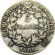 France 5 Francs Napoleon I 1806 BB KM# 673.3 REPUBLIQUE FRANÇAISE 5 FRANCS 1806 BB coin reverse France 5 Francs Napoleon I 1806 BB KM# 673.3 REPUBLIQUE FRANÇAISE 5 FRANCS 1806 BB coin reverse