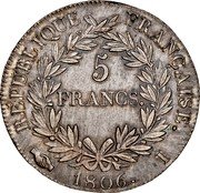France 5 Francs Napoleon I 1806 I KM# 673.6 REPUBLIQUE FRANÇAISE 5 FRANCS 1806 I coin reverse France 5 Francs Napoleon I 1806 I KM# 673.6 REPUBLIQUE FRANÇAISE 5 FRANCS 1806 I coin reverse