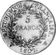 France 5 Francs Napoleon I 1807 W KM# 673.13 RÉPUBLIQUE FRANÇAISE 5 FRANCS 1807 W coin reverse France 5 Francs Napoleon I 1807 W KM# 673.13 RÉPUBLIQUE FRANÇAISE 5 FRANCS 1807 W coin reverse