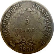 France 5 Francs Napoleon I 1808 B KM# 686.2 RÉPUBLIQUE FRANÇAISE 5 FRANCS 1808 B coin reverse France 5 Francs Napoleon I 1808 B KM# 686.2 RÉPUBLIQUE FRANÇAISE 5 FRANCS 1808 B coin reverse