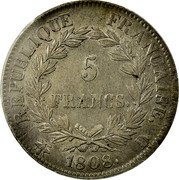 France 5 Francs Napoleon I 1808 D KM# 686.4 5 FRANCS REPUBLIQUE FRANÇAISE 1808 D coin reverse France 5 Francs Napoleon I 1808 D KM# 686.4 5 FRANCS REPUBLIQUE FRANÇAISE 1808 D coin reverse