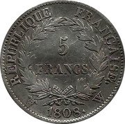 France 5 Francs Napoleon I 1808 KM# 686.14 RÉPUBLIQUE FRANÇAISE 5 FRANCS 1808 W coin reverse France 5 Francs Napoleon I 1808 KM# 686.14 RÉPUBLIQUE FRANÇAISE 5 FRANCS 1808 W coin reverse