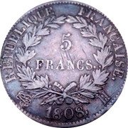France 5 Francs Napoleon I 1808 H Requires Confirmation KM# 686.5 RÉPUBLIQUE FRANÇAISE 5 FRANCS 1808 H coin reverse France 5 Francs Napoleon I 1808 H Requires Confirmation KM# 686.5 RÉPUBLIQUE FRANÇAISE 5 FRANCS 1808 H coin reverse