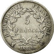 France 5 Francs Napoleon I 1808 Q KM# 686.11 5 FRANCS REPUBLIQUE FRANÇAISE 1808 Q coin reverse France 5 Francs Napoleon I 1808 Q KM# 686.11 5 FRANCS REPUBLIQUE FRANÇAISE 1808 Q coin reverse