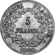 France 5 Francs Napoleon I 1808 T Requires Confirmation KM# 686.12 5 FRANCS REPUBLIQUE FRANÇAISE 1808 T coin reverse France 5 Francs Napoleon I 1808 T Requires Confirmation KM# 686.12 5 FRANCS REPUBLIQUE FRANÇAISE 1808 T coin reverse