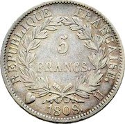 France 5 Francs Napoleon I 1808 U KM# 686.13 5 FRANCS REPUBLIQUE FRANÇAISE 1808 U coin reverse France 5 Francs Napoleon I 1808 U KM# 686.13 5 FRANCS REPUBLIQUE FRANÇAISE 1808 U coin reverse