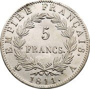 France 5 Francs Napoleon I 1811 A KM# 694.1 EMPIRE FRANÇAIS 5 FRANCS 1809 A coin reverse France 5 Francs Napoleon I 1811 A KM# 694.1 EMPIRE FRANÇAIS 5 FRANCS 1809 A coin reverse