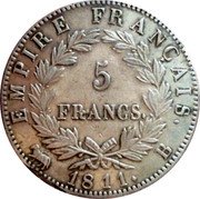 France 5 Francs Napoleon I 1811 B KM# 694.2 EMPIRE FRANÇAIS 5 FRANCS 1809 B coin reverse France 5 Francs Napoleon I 1811 B KM# 694.2 EMPIRE FRANÇAIS 5 FRANCS 1809 B coin reverse