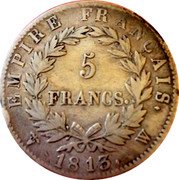 France 5 Francs Napoleon I 1813 W KM# 694.16 EMPIRE FRANÇAIS 5 FRANCS 1809 W coin reverse France 5 Francs Napoleon I 1813 W KM# 694.16 EMPIRE FRANÇAIS 5 FRANCS 1809 W coin reverse