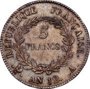 France 5 Francs Napoleon I AN12 A KM# 659.1 5 FRANCS REPUBLIQUE FRANÇAISE AN12 A coin reverse France 5 Francs Napoleon I AN12 A KM# 659.1 5 FRANCS REPUBLIQUE FRANÇAISE AN12 A coin reverse