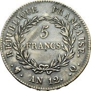 France 5 Francs Napoleon I AN12 Q KM# 659.12 REPUBLIQUE FRANÇAISE. 5 FRANCS. AN 12.Q. coin reverse France 5 Francs Napoleon I AN12 Q KM# 659.12 REPUBLIQUE FRANÇAISE. 5 FRANCS. AN 12.Q. coin reverse