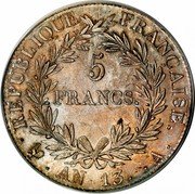 France 5 Francs Napoleon I AN13 A KM# 662.1 RÉPUBLIQUE FRANÇAISE 5 FRANCS AN 14 A coin reverse France 5 Francs Napoleon I AN13 A KM# 662.1 RÉPUBLIQUE FRANÇAISE 5 FRANCS AN 14 A coin reverse