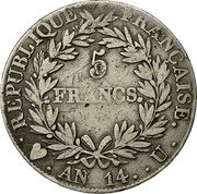 France 5 Francs Napoleon I AN14 U KM# 662.14 REPUBLIQUE FRANÇAISE 5 FRANCS AN14 U coin reverse France 5 Francs Napoleon I AN14 U KM# 662.14 REPUBLIQUE FRANÇAISE 5 FRANCS AN14 U coin reverse