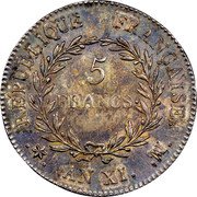 France 5 Francs Napoleon I ANXI MA KM# 650.5 5 FRANCS REPUBLIQUE FRANÇAISE AN11 MA coin reverse France 5 Francs Napoleon I ANXI MA KM# 650.5 5 FRANCS REPUBLIQUE FRANÇAISE AN11 MA coin reverse
