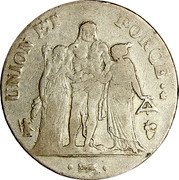 France 5 Francs Hercules Group LAN 7 (1798-99) Q KM# 639.8 UNION ET FORCE DUPRÉ coin reverse France 5 Francs Hercules Group LAN 7 (1798-99) Q KM# 639.8 UNION ET FORCE DUPRÉ coin reverse