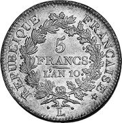 France 5 Francs Hercules Group LAN 10 (1801-02) L KM# 639.6 RÉPUBLIQUE FRANÇAISE 5 FRANCS L'AN 8 L coin obverse France 5 Francs Hercules Group LAN 10 (1801-02) L KM# 639.6 RÉPUBLIQUE FRANÇAISE 5 FRANCS L'AN 8 L coin obverse