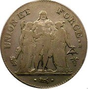 France 5 Francs Hercules Group LAN 6 (1797-98) W KM# 639.10 UNION ET FORCE DUPRÉ coin reverse France 5 Francs Hercules Group LAN 6 (1797-98) W KM# 639.10 UNION ET FORCE DUPRÉ coin reverse