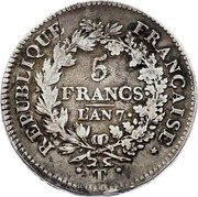 France 5 Francs Hercules Group LAN 7 (1798-99) T KM# 639.9 RÉPUBLIQUE FRANÇAISE 5 FRANCS L'AN 7 coin obverse France 5 Francs Hercules Group LAN 7 (1798-99) T KM# 639.9 RÉPUBLIQUE FRANÇAISE 5 FRANCS L'AN 7 coin obverse