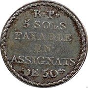 France 5 Sols Porcelain Factory 1792 KM# Tn39 B P 5 SOLS PAYABLE EN ASSIGNATS DE 50LT coin obverse France 5 Sols Porcelain Factory 1792 KM# Tn39 B P 5 SOLS PAYABLE EN ASSIGNATS DE 50LT coin obverse