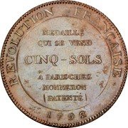 France 5 Sols Token Issue 1792 KM# Tn28 MEDAILLE QUI SE VEND SINQ SOLS A PARIS CHEZ MONERON PATENTÉ REVOLUTION FRANCAISE 1792 coin reverse France 5 Sols Token Issue 1792 KM# Tn28 MEDAILLE QUI SE VEND SINQ SOLS A PARIS CHEZ MONERON PATENTÉ REVOLUTION FRANCAISE 1792 coin reverse