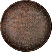 France 5 Sols Token Issue 1792 KM# Tn34 MEDAILLE DE CONFIANCE DE CINQ-SOLS REMBOURSABLE EN ASSIGNATS DE 50 ET AU DESSUS L'AN IV. DE LA LIBERTÉ MONERON FRERES NAGOCIANS A PARIS 1792 coin reverse France 5 Sols Token Issue 1792 KM# Tn34 MEDAILLE DE CONFIANCE DE CINQ-SOLS REMBOURSABLE EN ASSIGNATS DE 50 ET AU DESSUS L'AN IV. DE LA LIBERTÉ MONERON FRERES NAGOCIANS A PARIS 1792 coin reverse