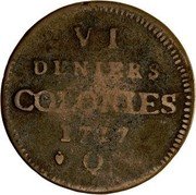 France 6 Deniers Louis XV 1717 Q KM# 3 VI DENIERS COLONIES 1717 Q coin reverse