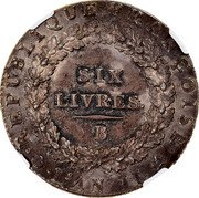 France Six Livres Louis XVI 1793//LAN II B KM# 624.3 REPUBLIQUE FRANÇOISE SIX LIVRES. B L' AN II coin obverse France Six Livres Louis XVI 1793//LAN II B KM# 624.3 REPUBLIQUE FRANÇOISE SIX LIVRES. B L' AN II coin obverse