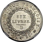 France Six Livres Genius of Liberty 1793//LAN II KM# 624.5 REPUBLIQUE FRANÇOISE SIX LIVRES. D L' AN II coin obverse France Six Livres Genius of Liberty 1793//LAN II KM# 624.5 REPUBLIQUE FRANÇOISE SIX LIVRES. D L' AN II coin obverse