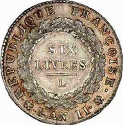 France Six Livres Genius of Liberty 1793//LAN II L KM# 624.6 REPUBLIQUE FRANÇOISE SIX LIVRES. L L' AN II coin obverse France Six Livres Genius of Liberty 1793//LAN II L KM# 624.6 REPUBLIQUE FRANÇOISE SIX LIVRES. L L' AN II coin obverse