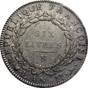 France Six Livres Louis XVI Constitution 1793//LAN II N KM# 624.8 REPUBLIQUE FRANÇOISE SIX LIVRES N L'AN II coin obverse France Six Livres Louis XVI Constitution 1793//LAN II N KM# 624.8 REPUBLIQUE FRANÇOISE SIX LIVRES N L'AN II coin obverse