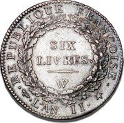 France Six Livres Louis XVI Constitution 1793//LAN II W KM# 624.10 REPUBLIQUE FRANÇOISE SIX LIVRES W L'AN II coin obverse France Six Livres Louis XVI Constitution 1793//LAN II W KM# 624.10 REPUBLIQUE FRANÇOISE SIX LIVRES W L'AN II coin obverse