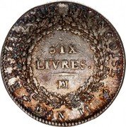 France 6 Livres Louis XVI Constitution LAN II MA KM# 625.3 REPUBLIQUE FRANÇOISE SIX LIVRES MA L'AN II coin obverse