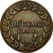 France Decime Napoleon I LAN 4 (1795-96) A KM# 636.1 DECIME L'AN 4 A coin reverse