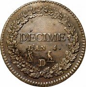 France Decime Napoleon I LAN 4 (1795-96) D KM# 636.2 DÉCIME L'AN 4 D coin reverse