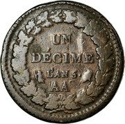 France Decime Liberty LAN 5 (1796-97) AA KM# 645.2 UN DÉCIME L'AN 5 AA coin reverse
