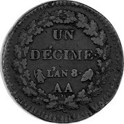 France Decime Napoleon I LAN 8 (1799-1800) AA KM# 644.2 UN DÉCIME L'AN 8 AA coin reverse France Decime Napoleon I LAN 8 (1799-1800) AA KM# 644.2 UN DÉCIME L'AN 8 AA coin reverse