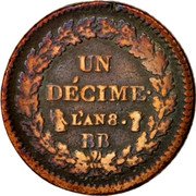 France Decime Napoleon I LAN 8 (1799-1800) BB KM# 644.4 UN DÉCIME L'AN 7 BB coin reverse