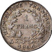 France Franc Napoleon I 1806 A KM# 672.1 RÉPUBLIQUE FRANÇAISE 1 FRANC. 1806. A coin reverse France Franc Napoleon I 1806 A KM# 672.1 RÉPUBLIQUE FRANÇAISE 1 FRANC. 1806. A coin reverse