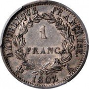 France Franc Napoleon I 1807 A KM# 681 RÉPUBLIQUE FRANÇAISE. 1 FRANC. 1807. A. coin reverse France Franc Napoleon I 1807 A KM# 681 RÉPUBLIQUE FRANÇAISE. 1 FRANC. 1807. A. coin reverse